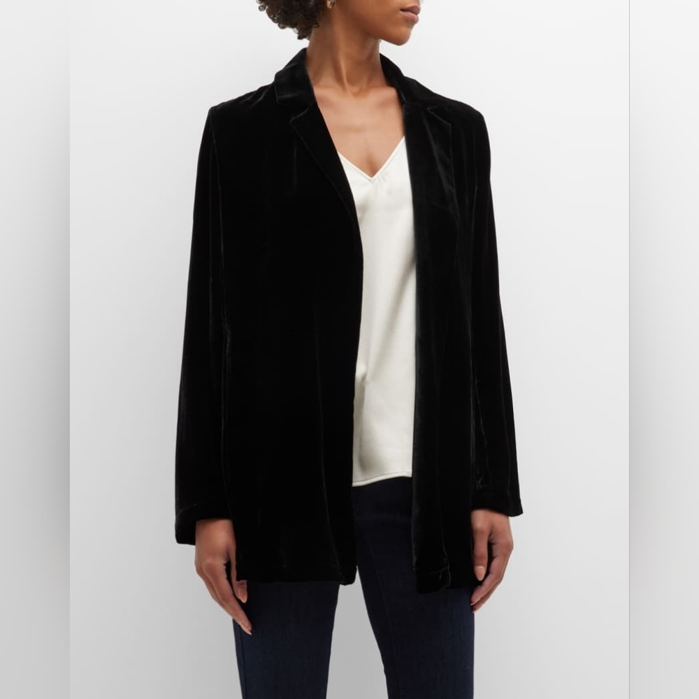 Eileen Fisher Black Open Front Velvet Silk Blend Blazer Size XS